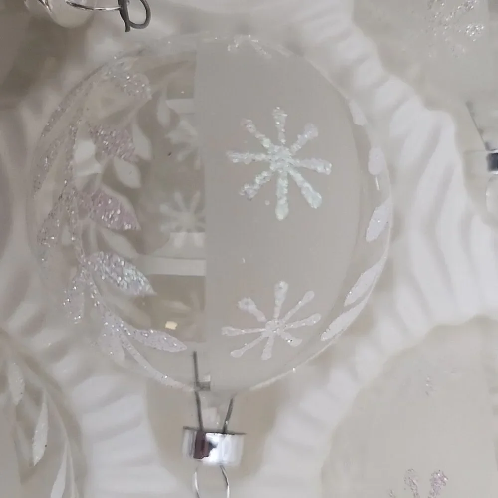 Vintage 5 Christmas Ornaments BRADFORD Clear Glass W/ White Glitter Decoration